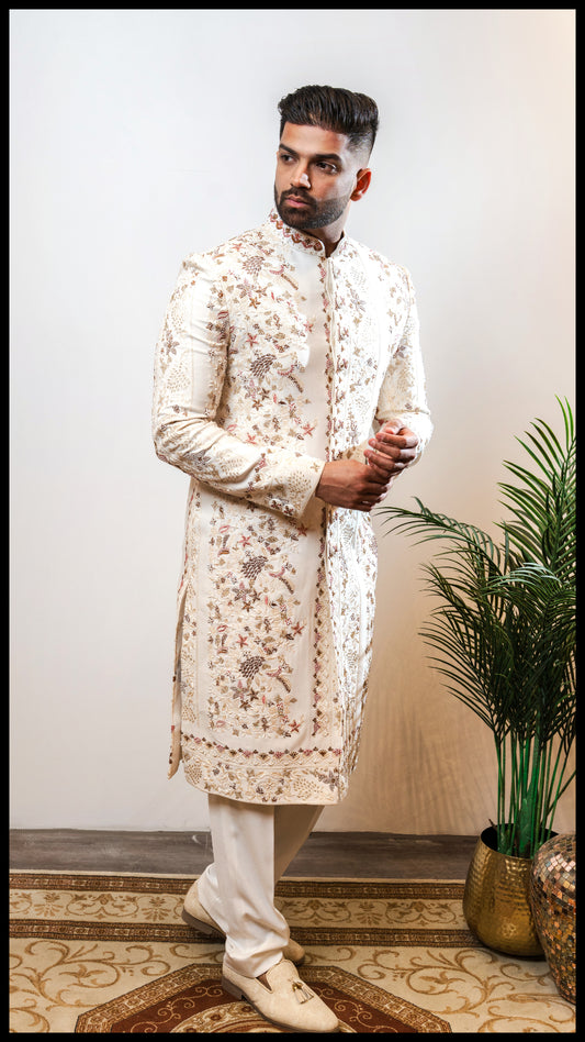 Ivory Zamindar Zest groom sherwani with intricate resham embroidery, beadwork, sequins, and pearl embellishments